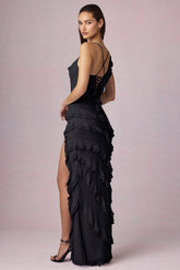 Asymmetric Ruffled Lace-Up Gown in Black